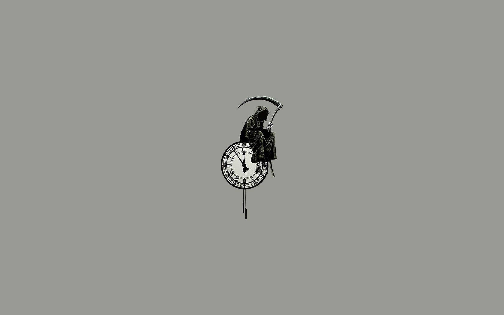 死神形象坐在時鐘擺錘上，灰色背景。