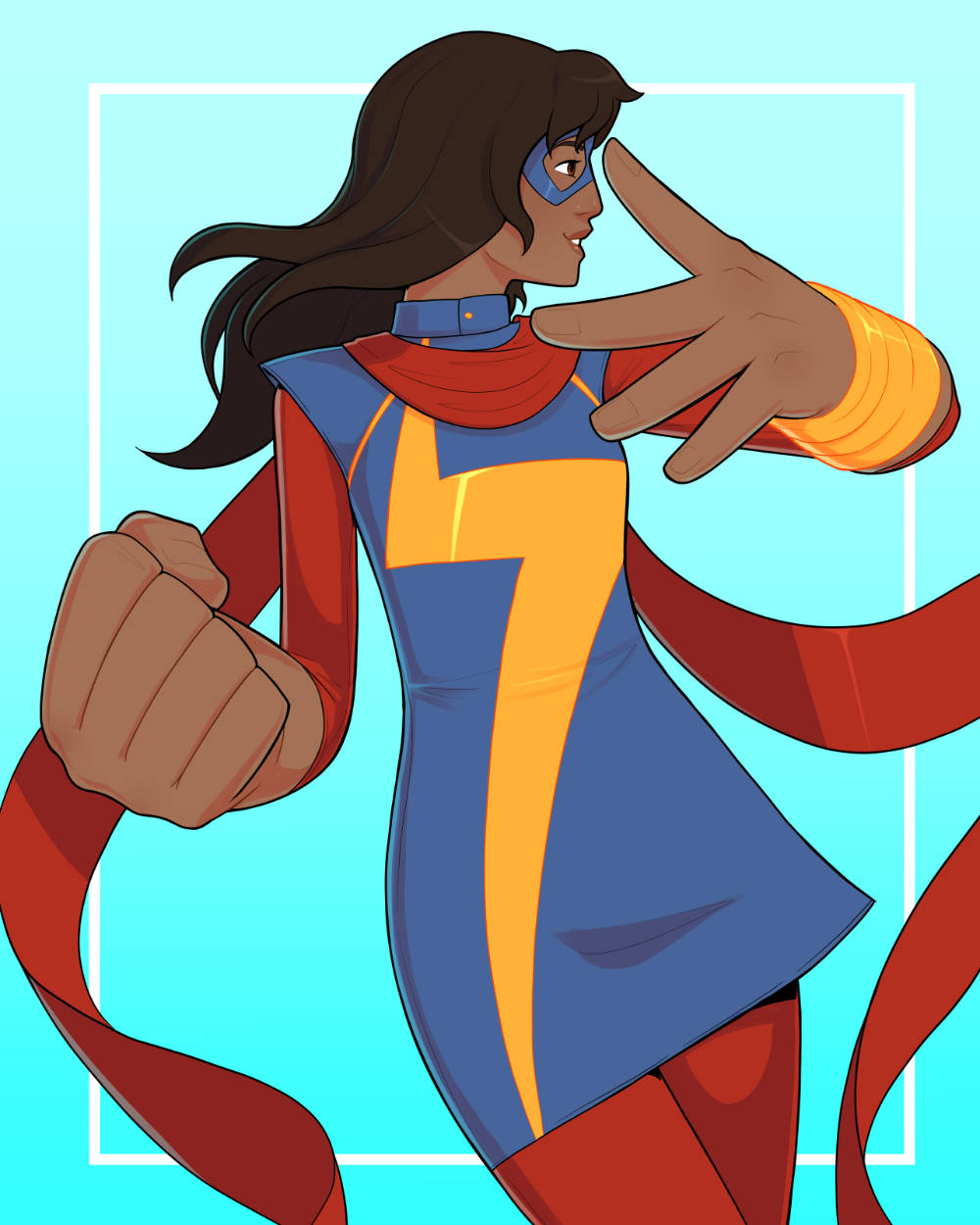 簡約風格的 Ms Marvel 藝術 壁紙 — 一位充滿動感的動漫風格女超級英雄，身穿藍、黃、紅三色戰衣，在淺藍色背景前擺出強而有力的姿勢。