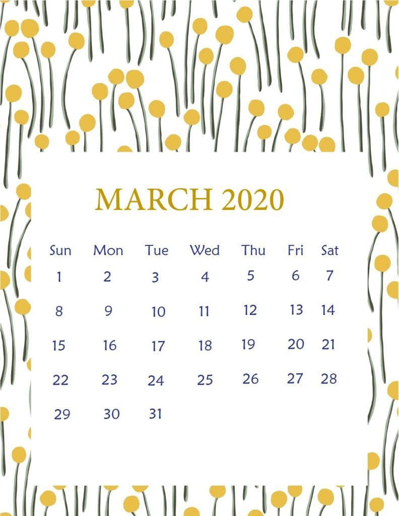 三月 桌布 壁紙 — 簡約風格的2020年3月月曆，以風格化的黃色蒲公英插圖框在潔白背景上。