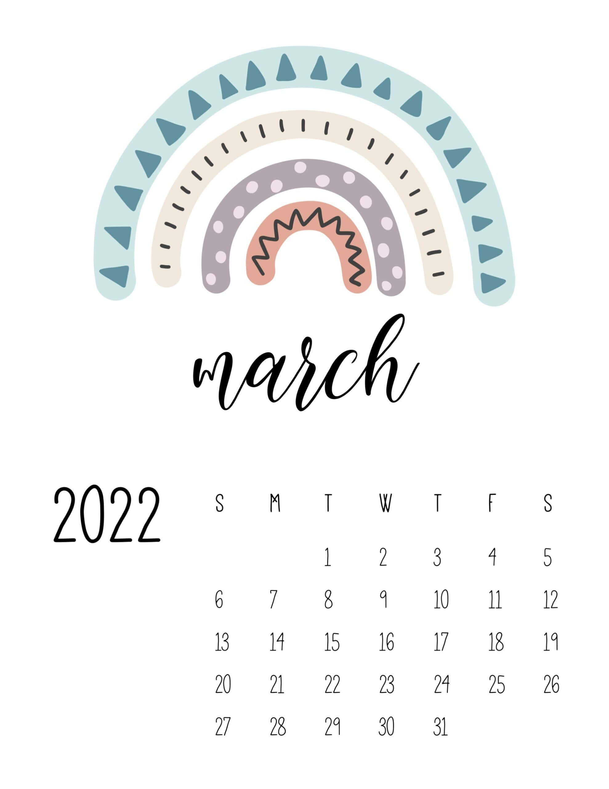 三月 桌布 壁紙 — 簡約風格的2022年3月月曆，月份名稱上方有風格化的彩虹，背景為純白。