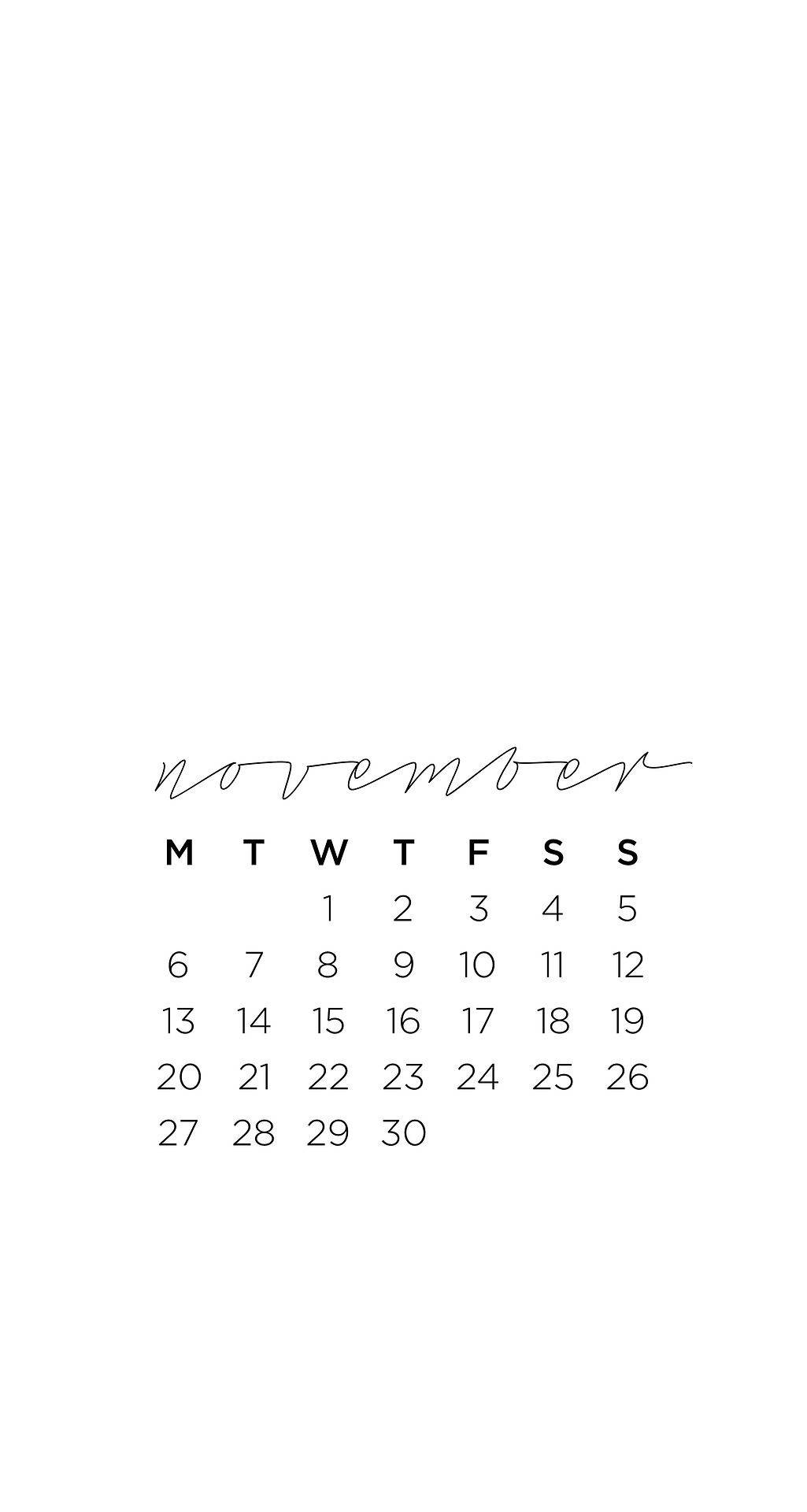 Calendar 桌布 壁紙 — 簡約風格的十一月日曆，以優雅草書字體呈現於潔白背景上。