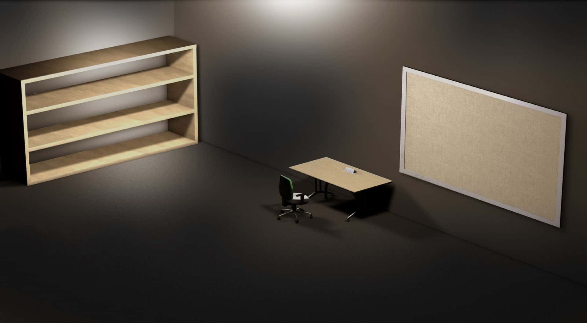 Office Desk 桌布 壁紙 — 簡約風格的空辦公室，只有一張辦公椅、書架和軟木板，在戲劇性的聚光燈下。
