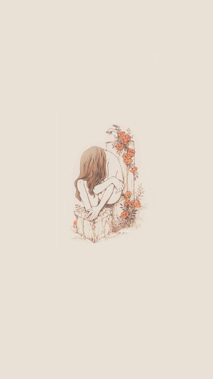 簡約風格裸體少女藝術 壁紙 — 一個長髮女孩蜷縮在石凳上，旁邊是柔和色調的花卉拱門。