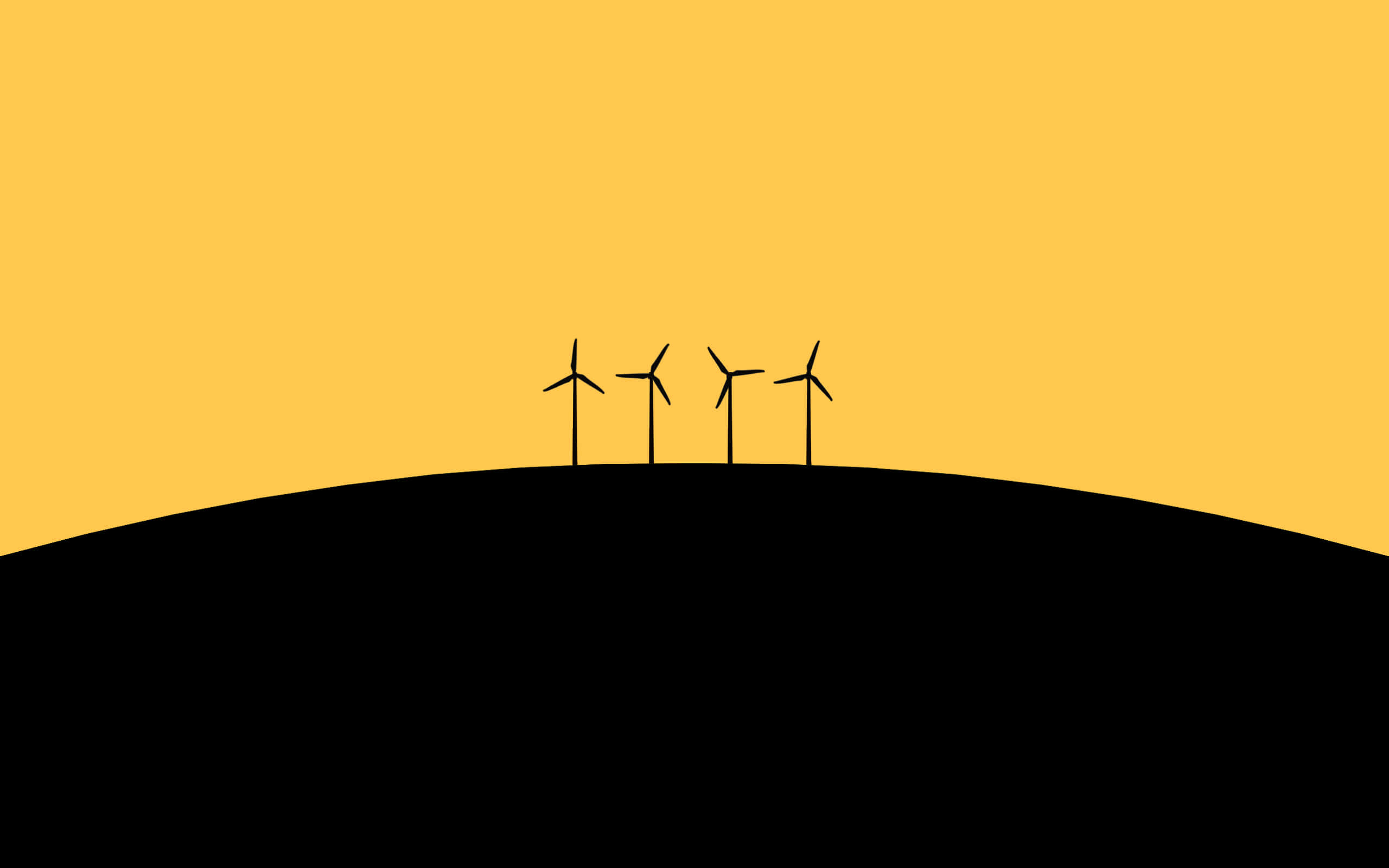 簡約風車圖 壁紙 — 四座簡約風力發電機矗立在黑色山丘上，背景是純金黃色的天空。