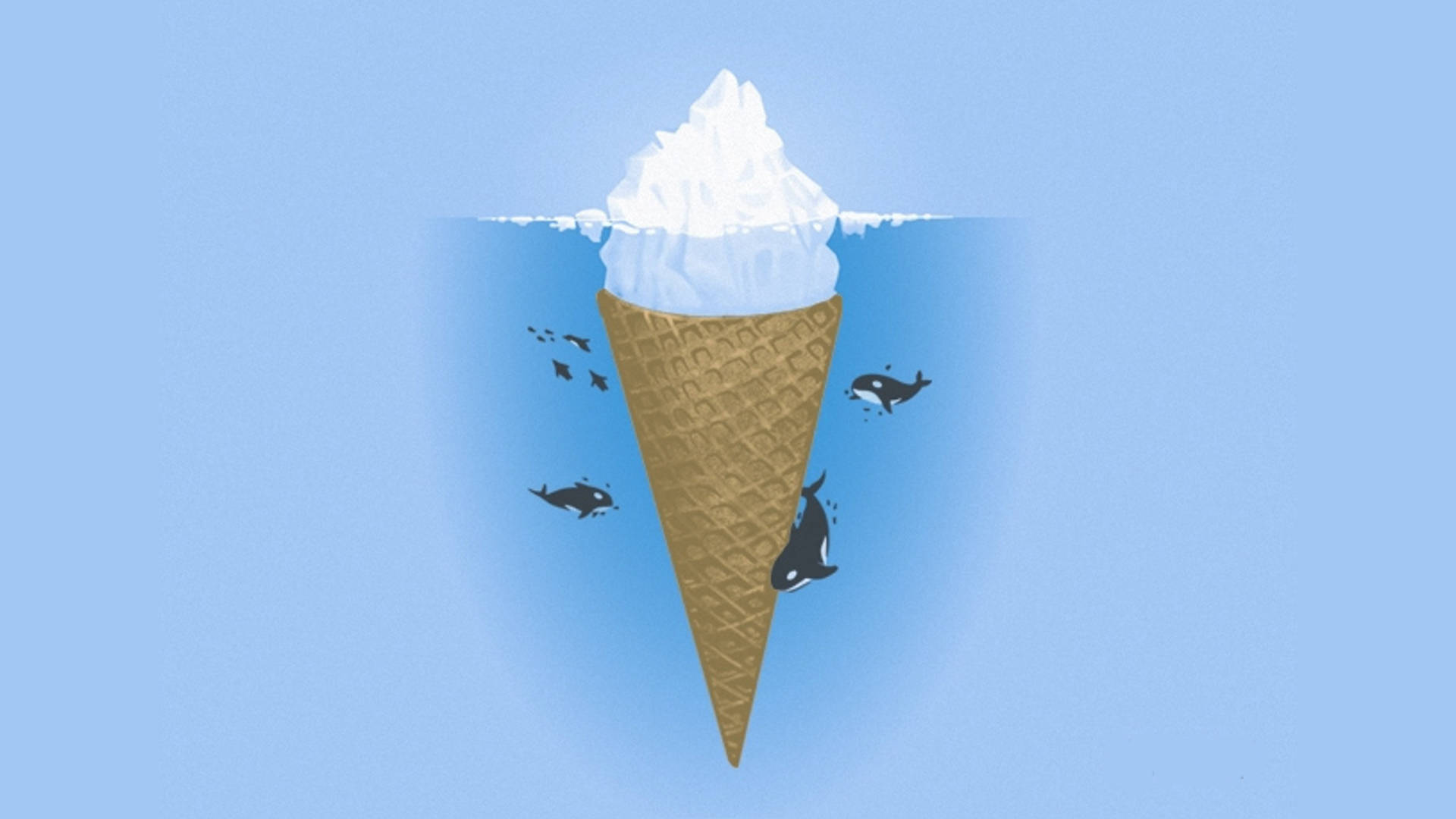 簡約高清水下冰淇淋 壁紙 — 一個巨大的雪糕筒漂浮在藍色水中，虎鯨在其淹沒的底部周圍游動。