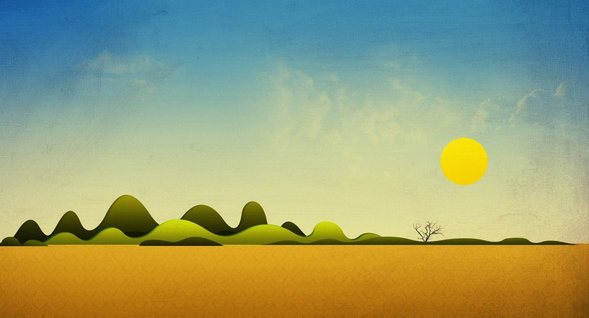 簡約高清沙漠日光 壁紙 — 一個風格化的景觀，藍天下有起伏的綠色山丘，明亮的黃色太陽和地平線上孤獨的裸樹。