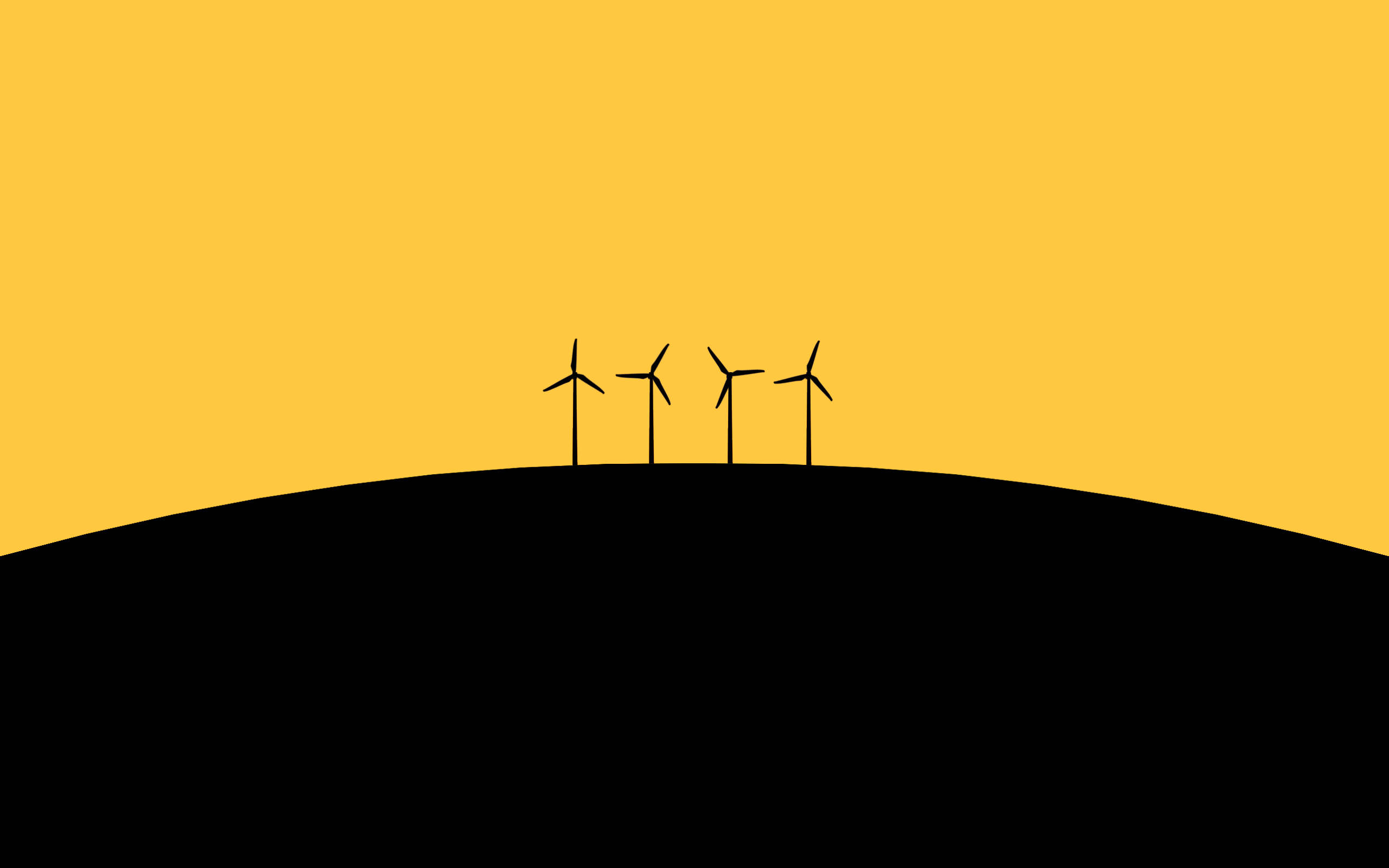 簡約高清風車 壁紙 — 四座簡約風力發電機矗立在黑色山丘上，背景是純金黃色的天空。