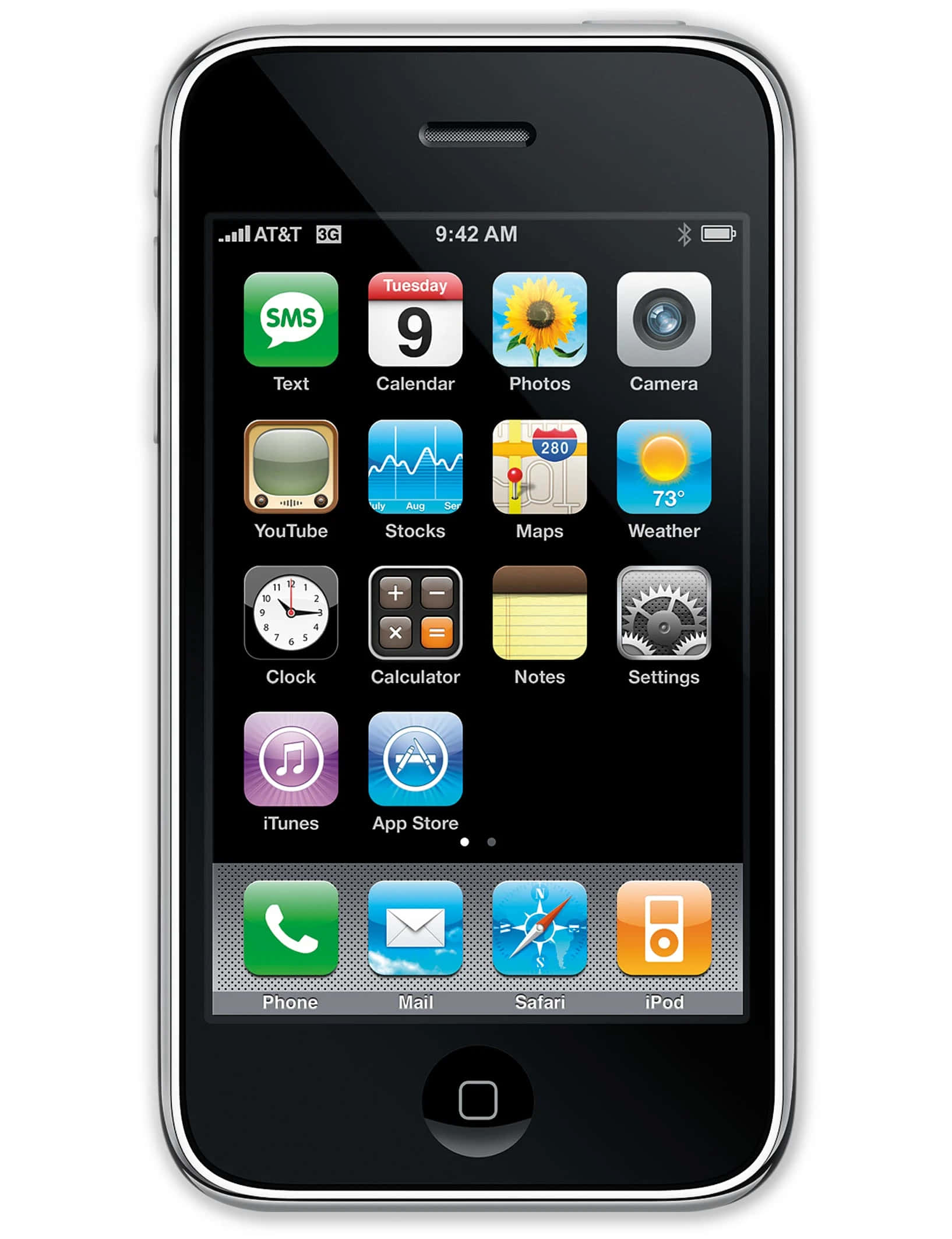 簡約高雅的 Apple iPhone 壁紙 — iPhone 3G 的正面視圖，顯示其經典的彩色應用程式圖標網格在黑色屏幕上。
