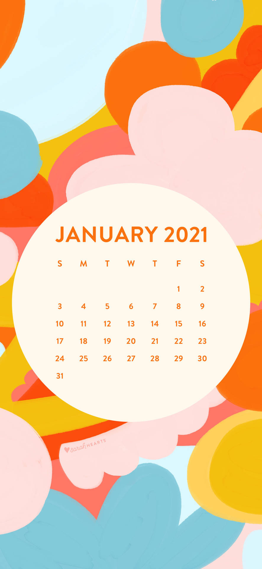 2021年1月日曆，帶有色彩繽紛的抽象形狀背景。