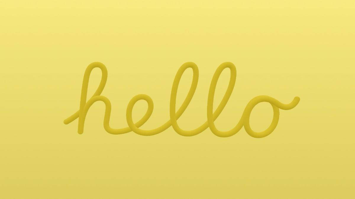 簡約黃底「Hello」 壁紙 — 流暢嘅黃色草書單詞 hello 漂浮喺柔和嘅黃色漸變背景上。