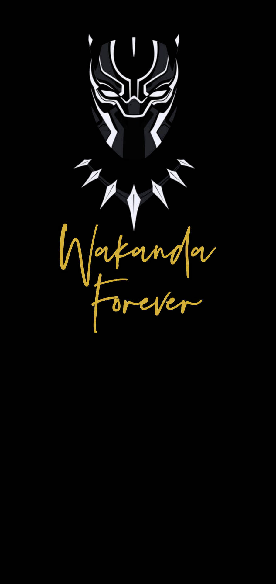 Wakanda Forever標誌，黑色黑豹面具和金色文字在黑色背景上。
