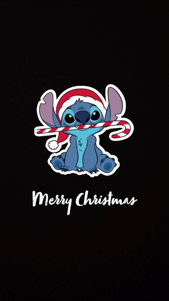 史迪奇戴住聖誕帽攞住拐杖糖，黑色背景上有Merry Christmas字樣。