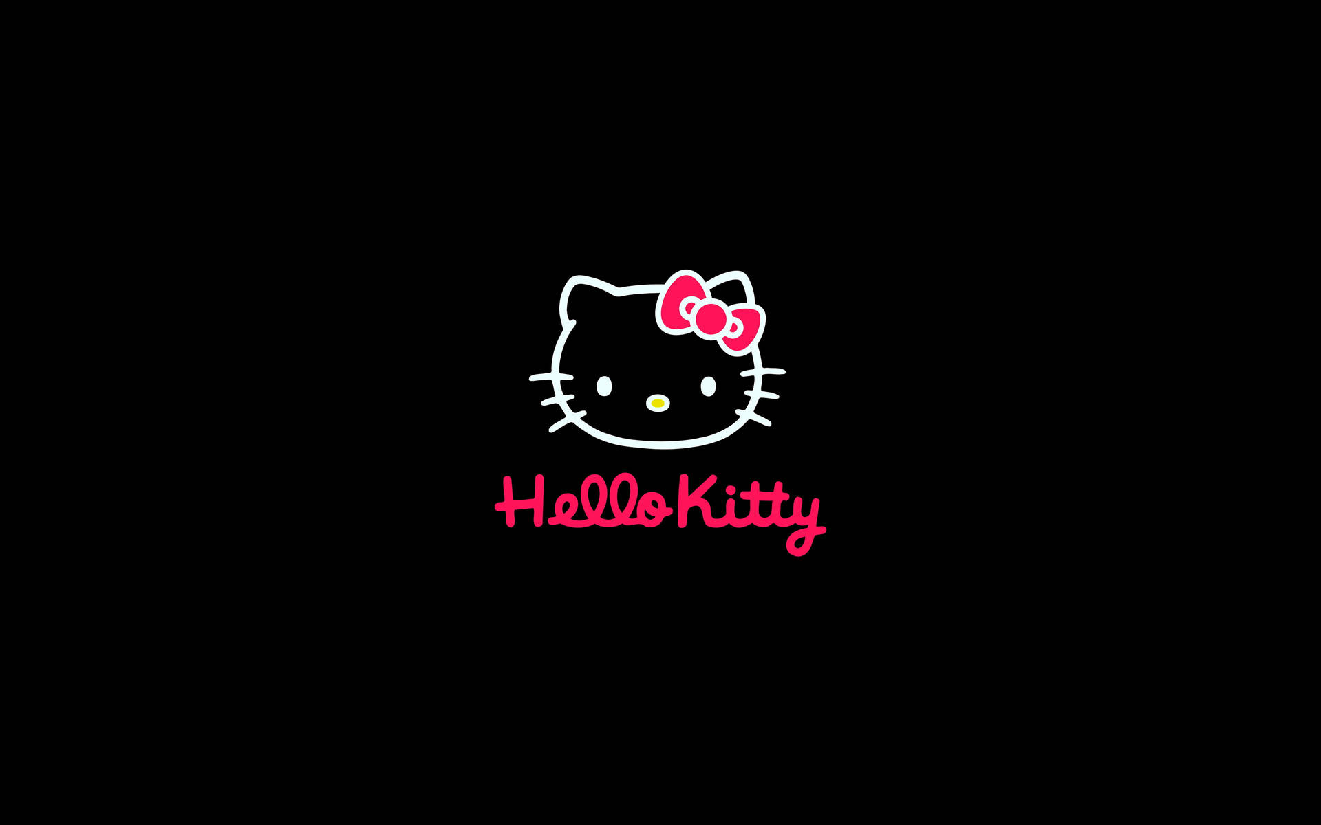 Hello Kitty 標誌，帶有粉紅色蝴蝶結和文字，背景為黑色