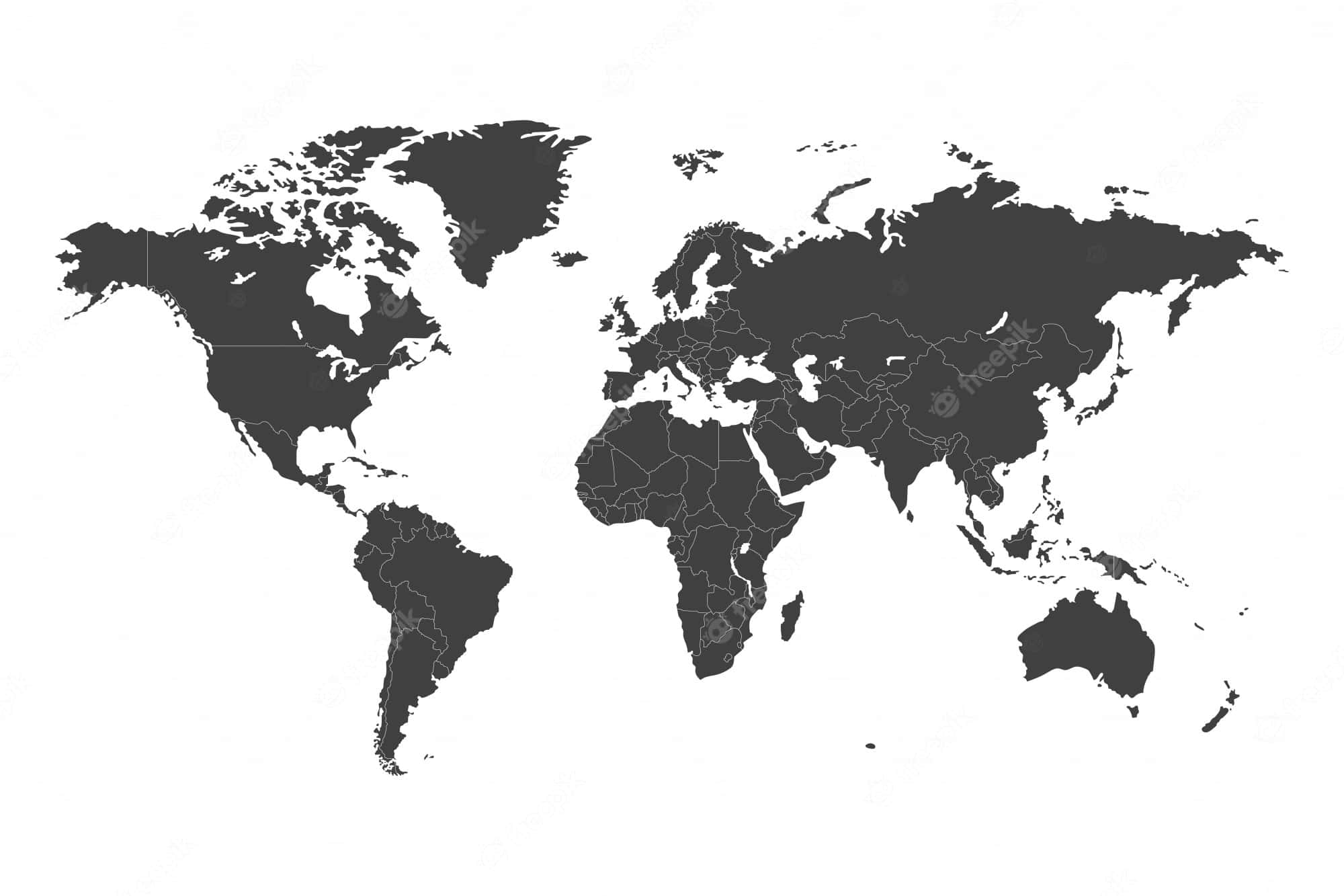 World 桌布 壁紙 — 簡約黑色世界地圖，帶有國家邊界，背景為純白色。