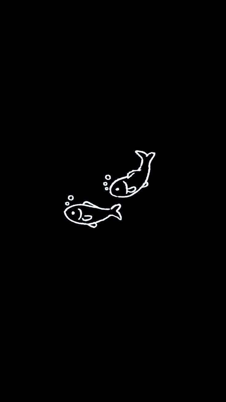 兩條簡單的白色線條魚在黑色背景上向上游動，帶有氣泡