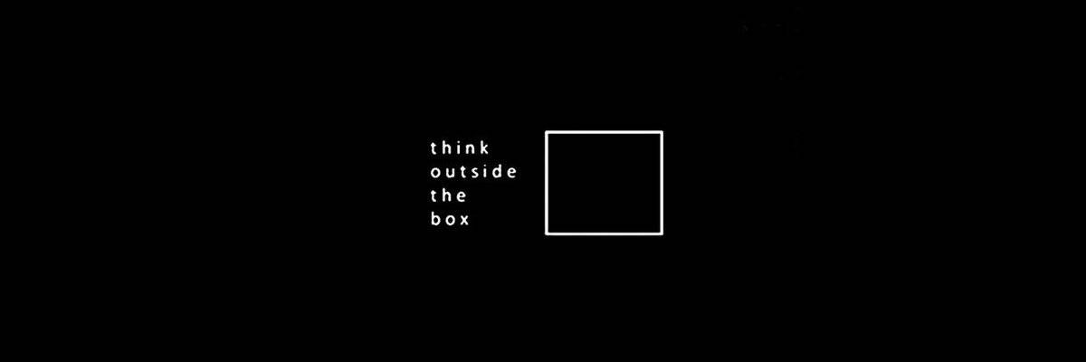 Twitter 桌布 壁紙 — 簡約黑色背景，白色文字寫著think outside the box，旁邊有一個白色正方形。