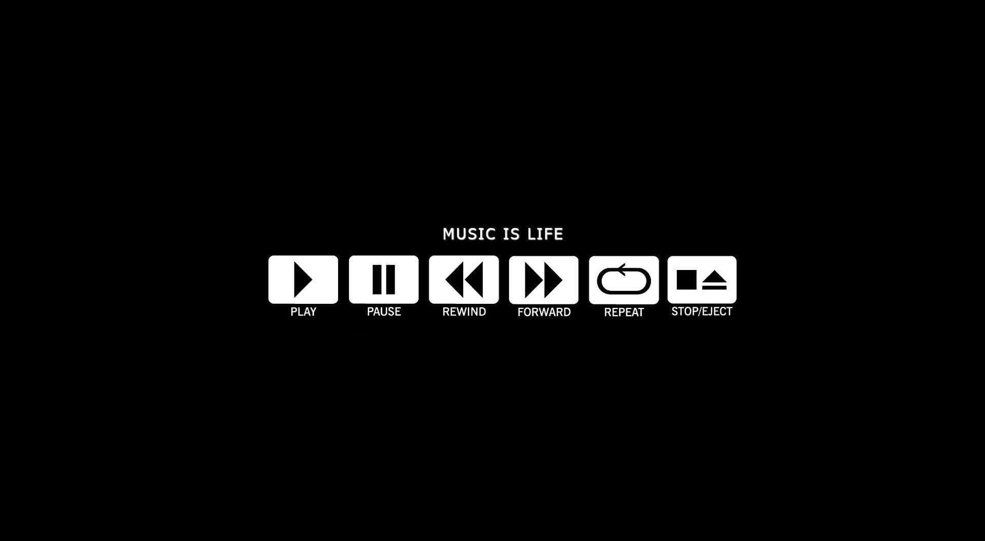 Facebook Cover 桌布 壁紙 — 簡約黑色背景，白色音樂播放器圖標和「music is life」字句置中。