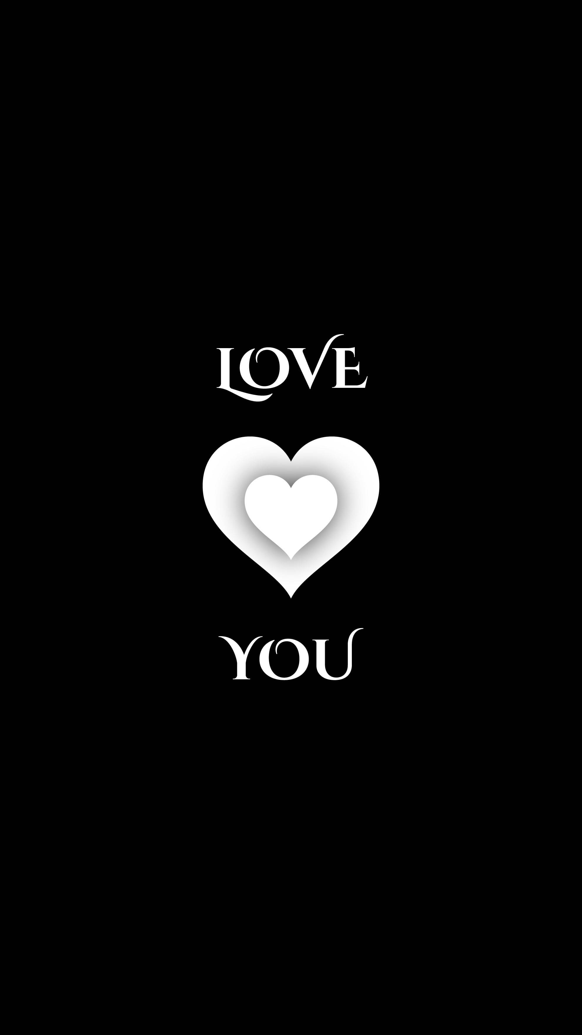 心形 桌布 壁紙 — 簡約黑色背景上，優雅白色字體的「LOVE」和「YOU」分別位於分層心形圖案的兩側。