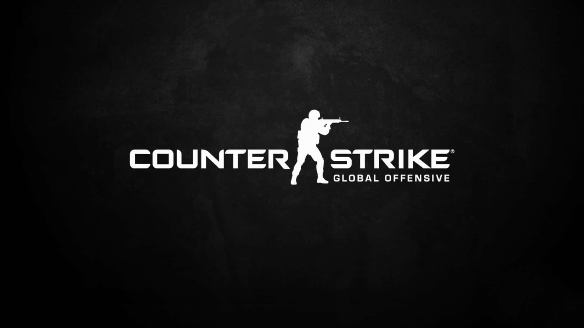 簡約黑色電競遊戲1080p《反恐精英：全球 Offensive》背景 壁紙 — 白色Counter Strike Global Offensive標誌，帶有士兵剪影，背景為紋理黑色。