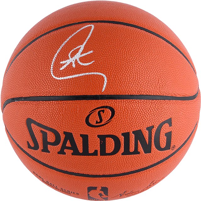 簽名斯伯丁籃球 壁紙 — 黑色背景上，一個帶有白色簽名和NBA標誌的橙色Spalding籃球特寫。