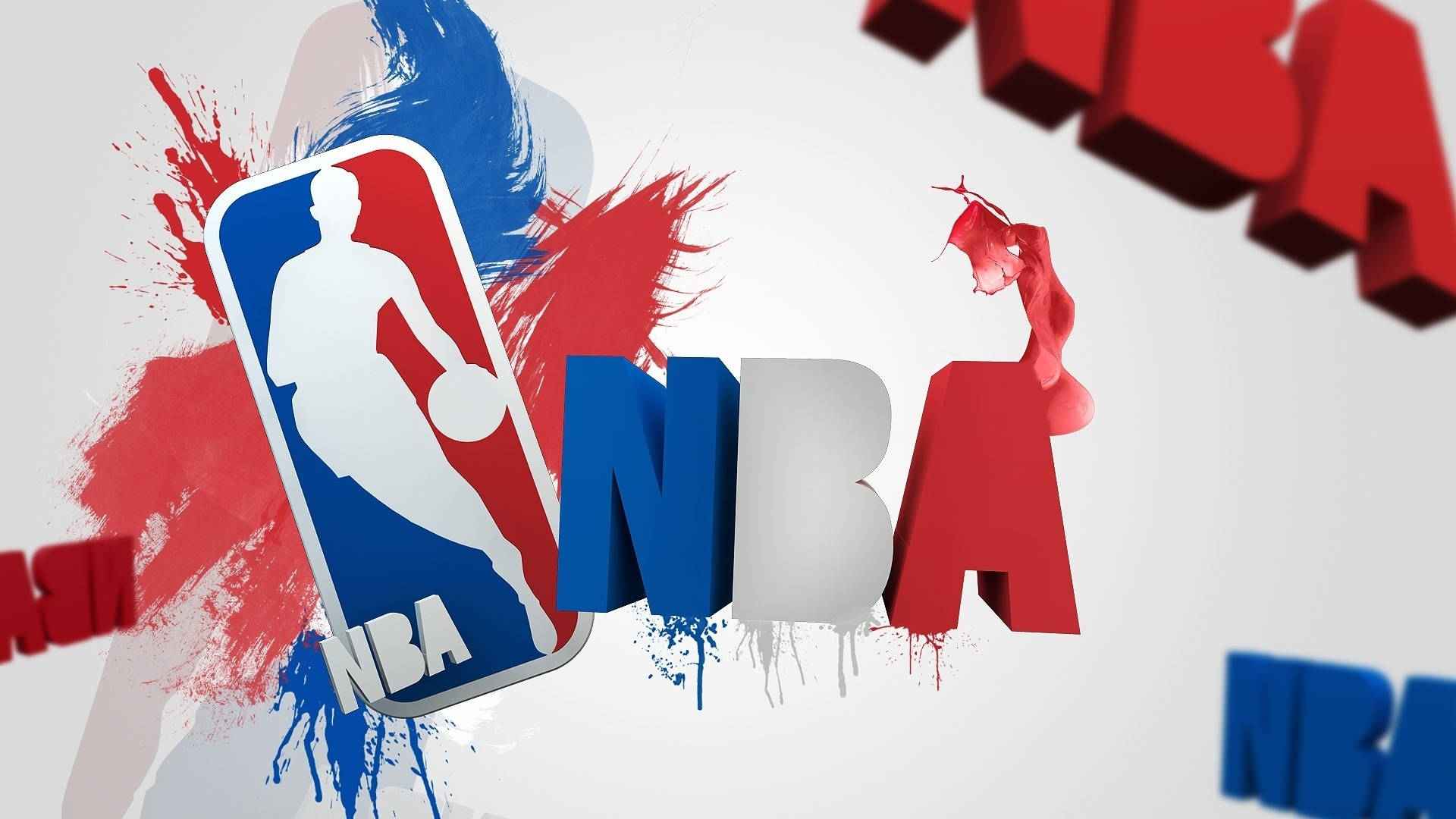 籃球NBA 壁紙 — 動感NBA標誌，淺色背景上帶有鮮明的紅、藍、白油漆潑濺和3D字體。
