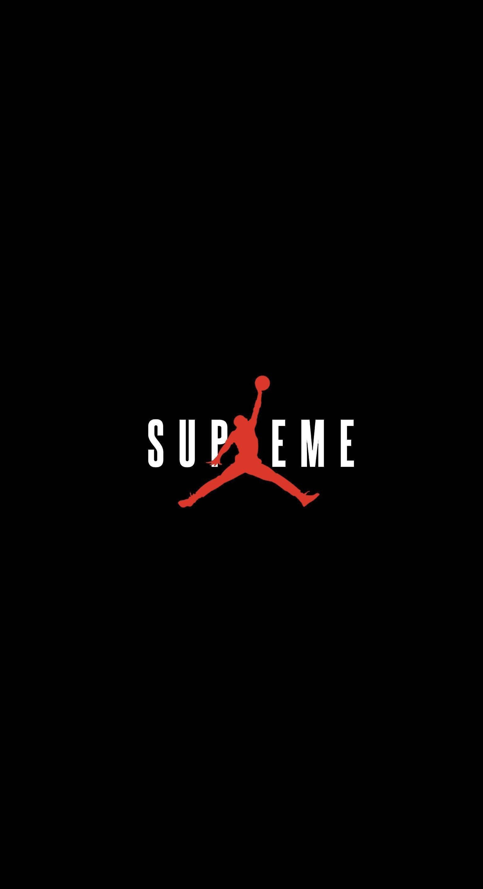 籃球Supreme 壁紙 — 一個大膽的紅色Jordan Jumpman標誌與白色supreme字樣融合，在鮮明的黑色背景上。