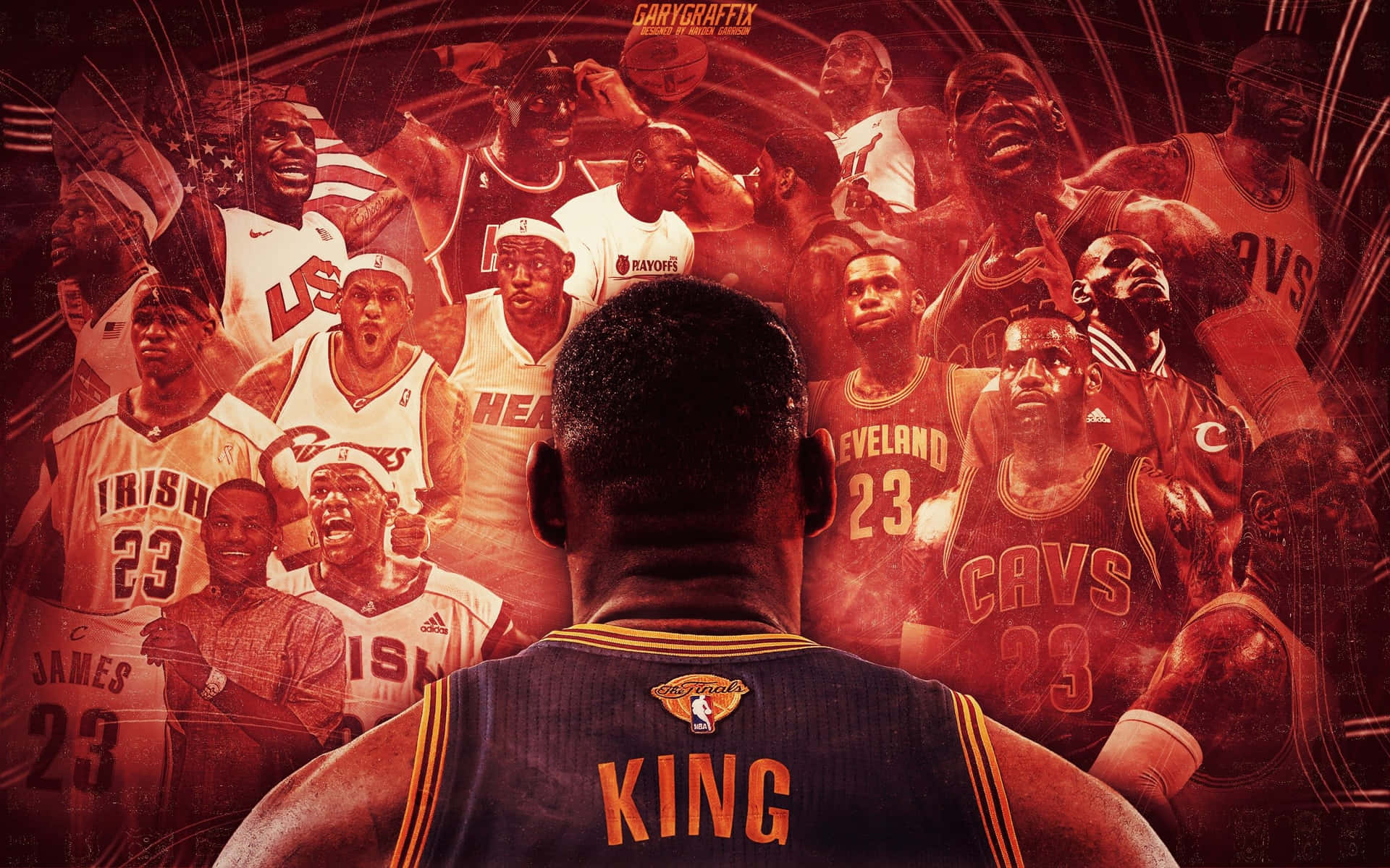 身穿「KING」球衣的籃球運動員背面，面對著他職業生涯亮點的拼貼畫。