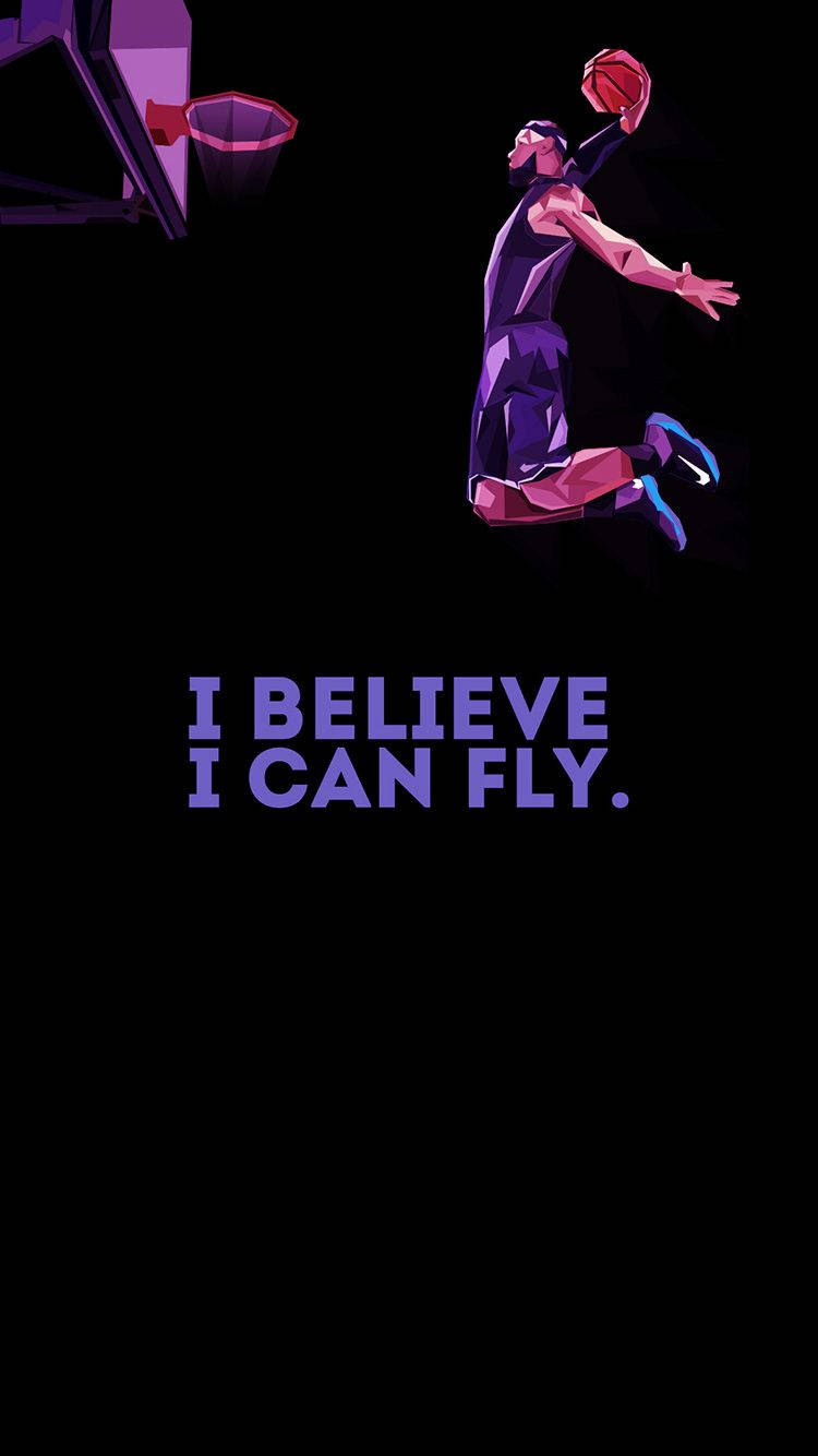 一個幾何風格化的籃球運動員在半空中，帶有文字 I BELIEVE I CAN FLY。