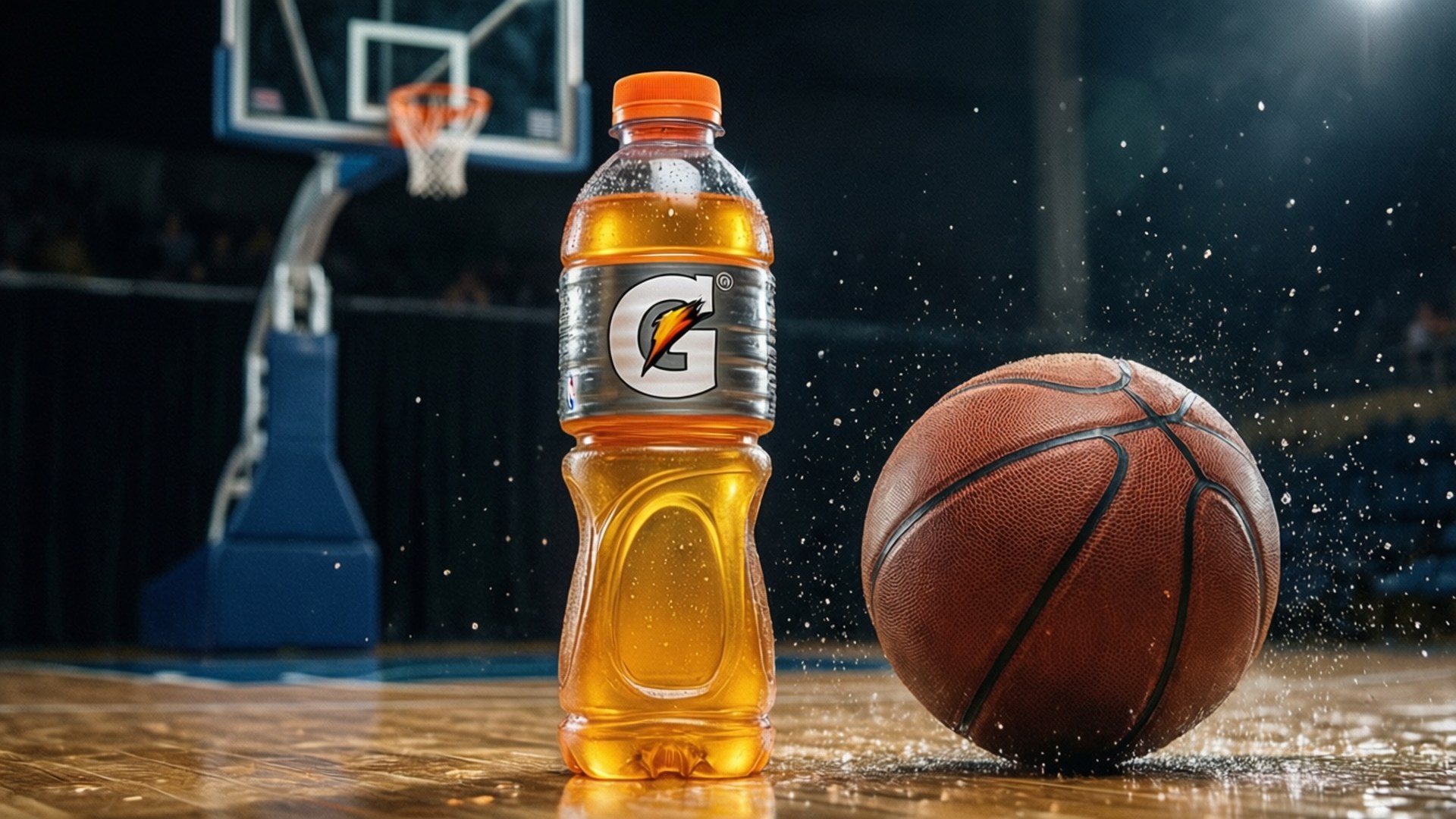 球場上嘅Gatorade樽同籃球水花。