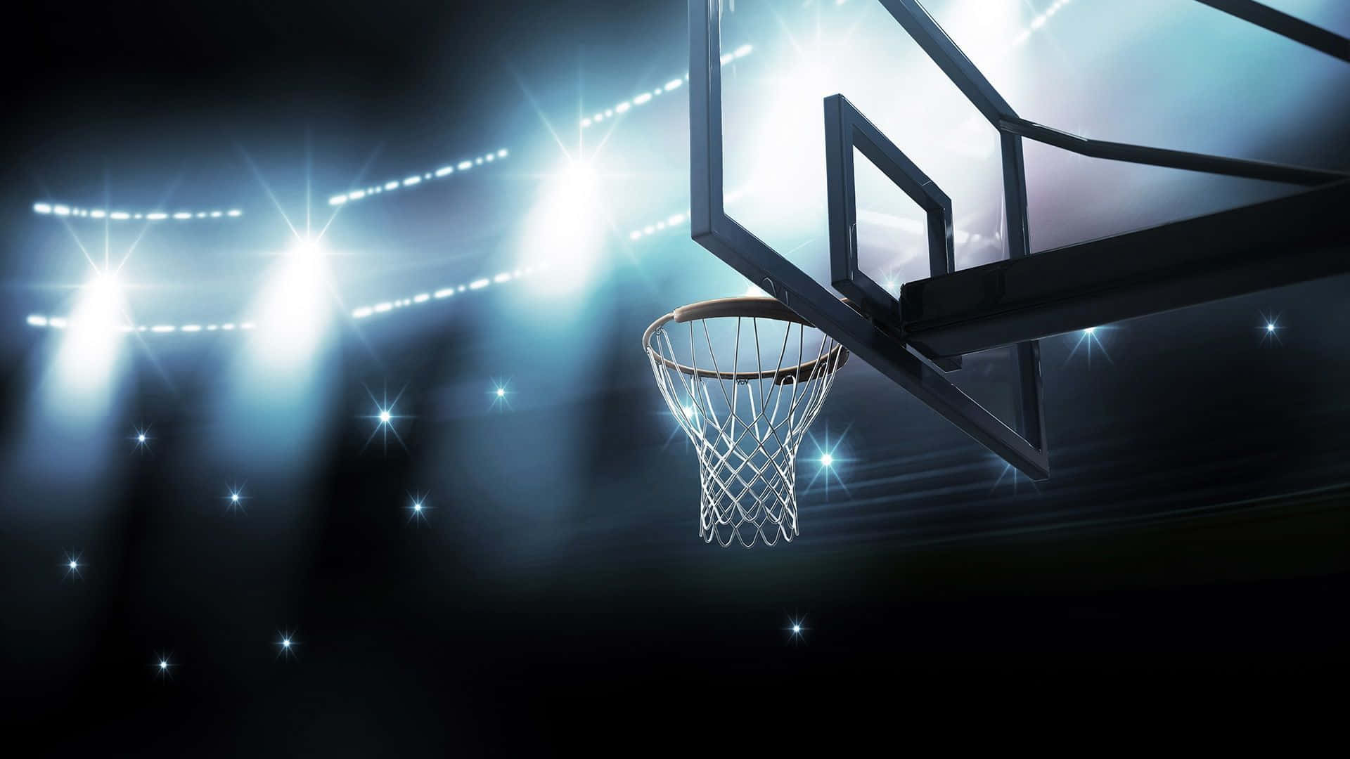 3d Sports 桌布 壁紙 — 籃球框喺強烈嘅體育場燈光下閃耀，背景係黑暗並帶有閃爍星星效果。