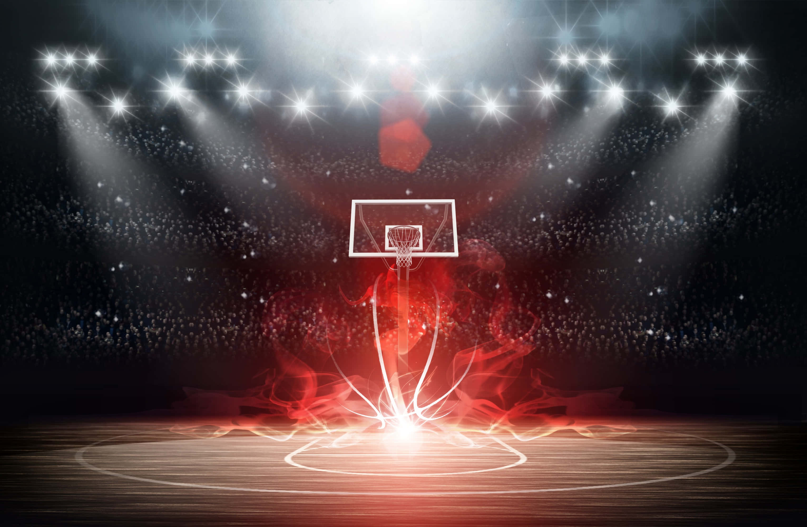 Cool Basketball 桌布 壁紙 — 籃球框在體育館燈光下發光，下方有旋轉的紅色能量，場館空無一人。