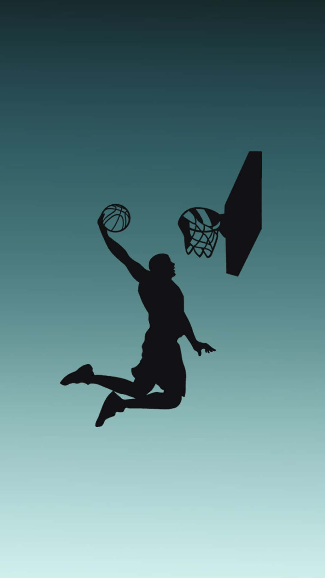 籃球運動員在漸變青色背景上扣籃的剪影。