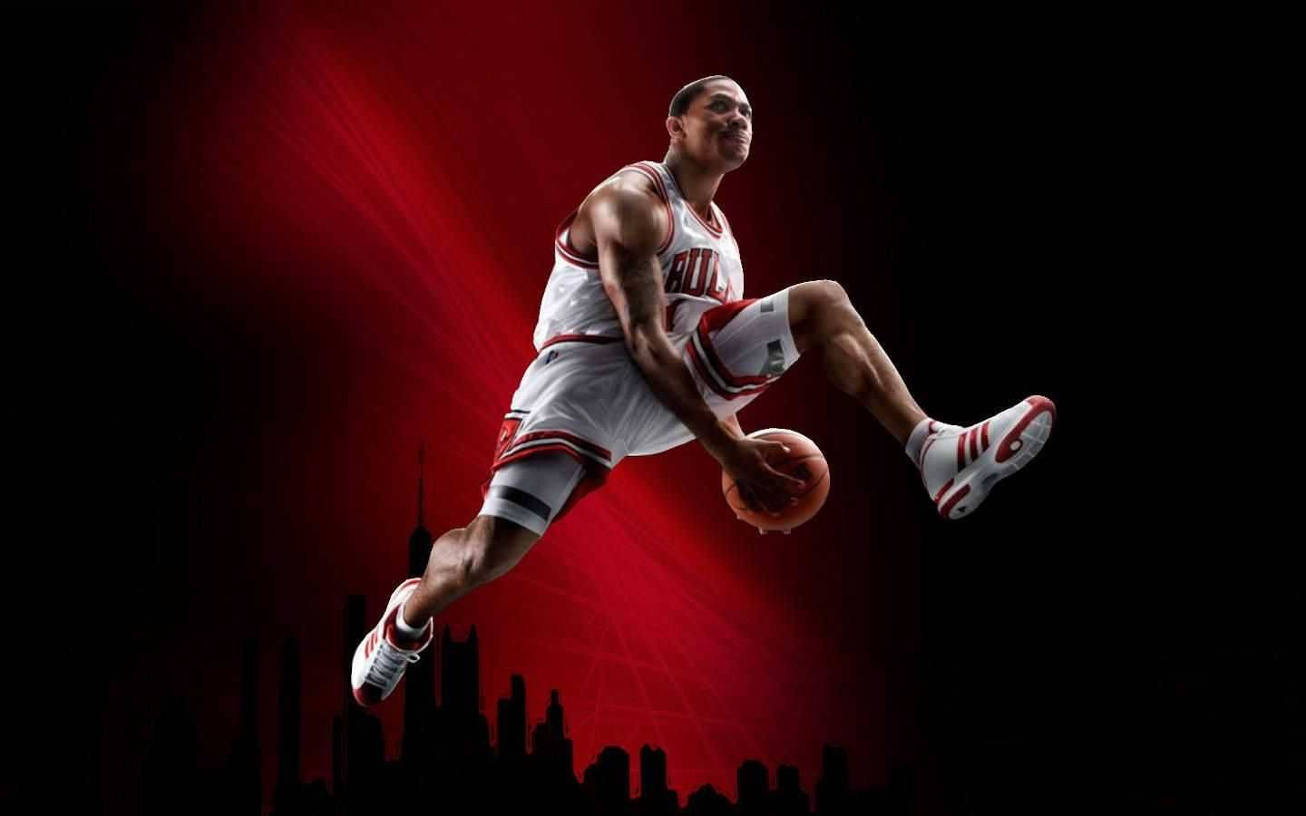 籃球躍起 壁紙 — 一名籃球運動員在半空中運球，背景是紅色燈光下的城市天際線。