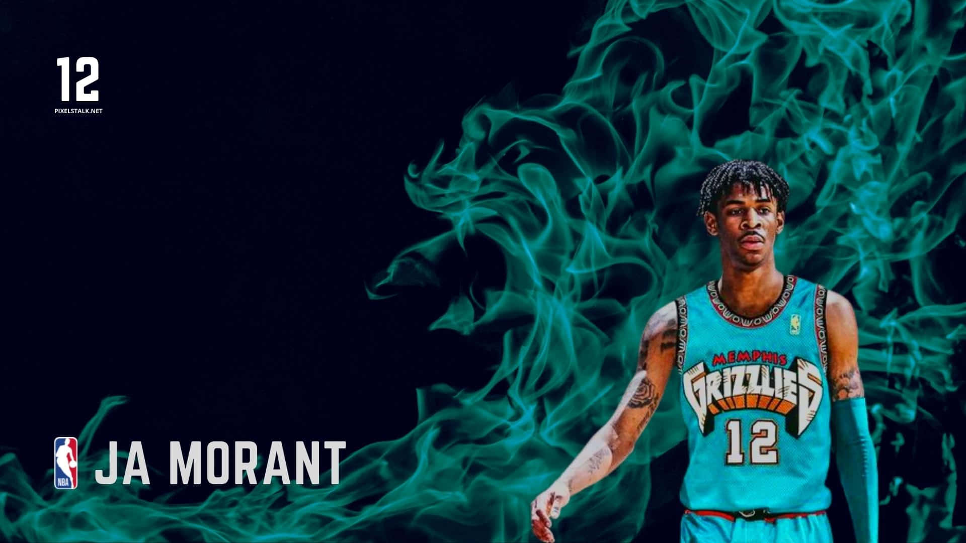 莫蘭特 桌布 壁紙 — 籃球運動員Ja Morant身穿孟菲斯灰熊隊球衣，站在黑色背景上旋轉的藍綠色火焰前。