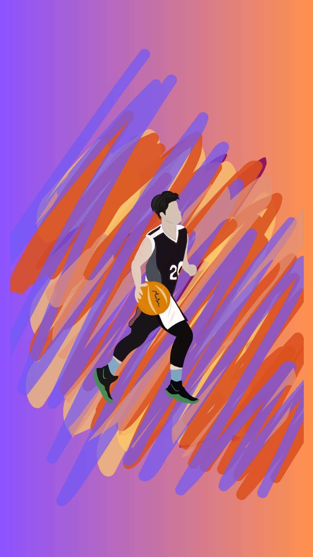 籃球運動員穿過色彩繽紛的運動條紋運球。