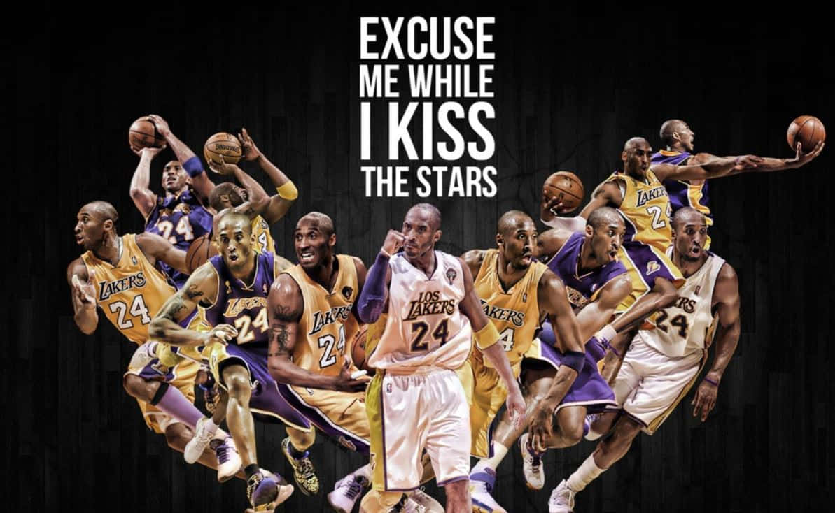 Kobe 桌布 壁紙 — 籃球運動員高比·拜仁身穿湖人隊球衣的多個動態姿勢，背景為深色並帶有粗體文字。