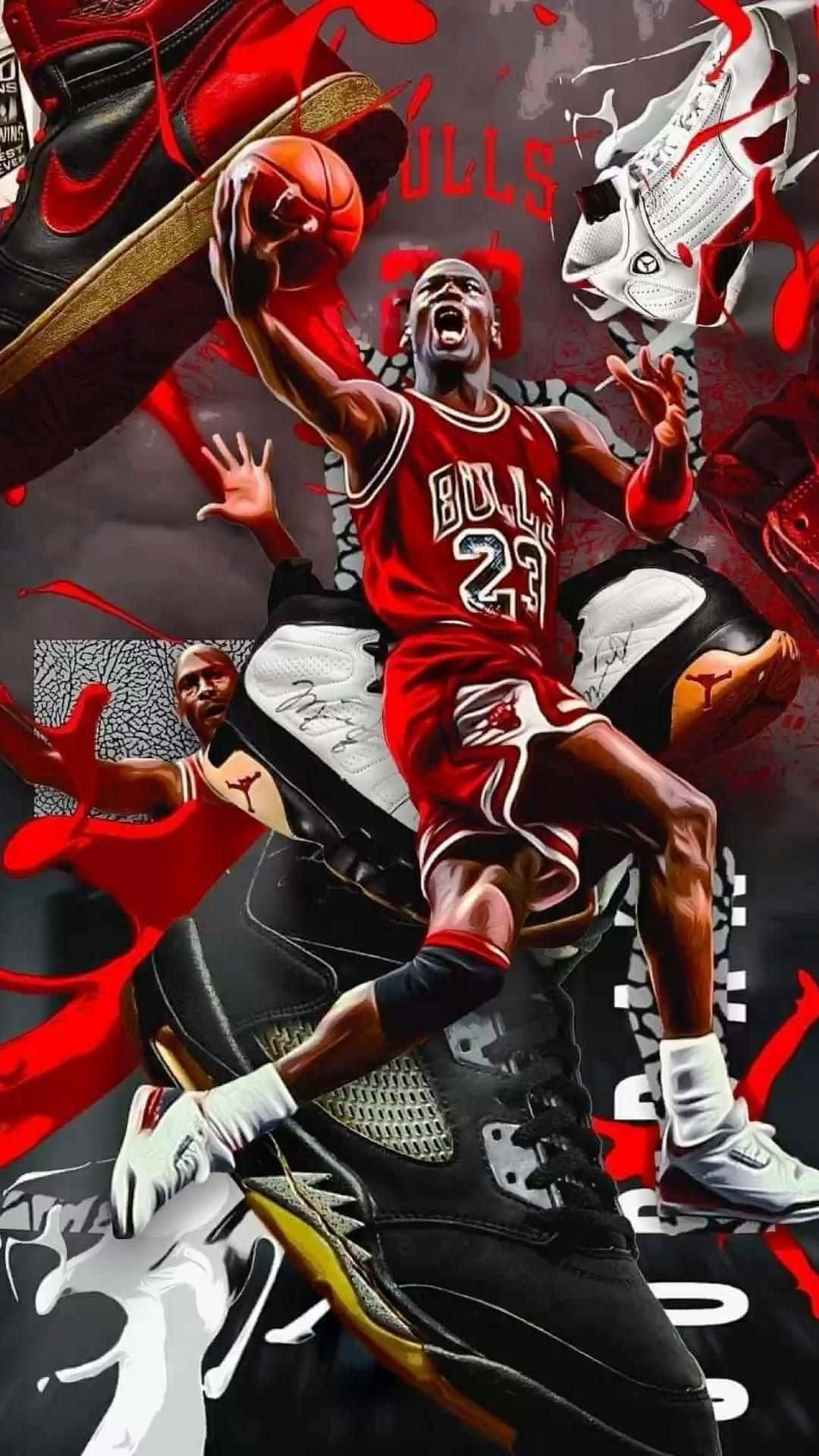 米高佐敦在半空中灌籃，Air Jordan運動鞋在他周圍飛舞。 — 邁克爾·喬丹 壁紙