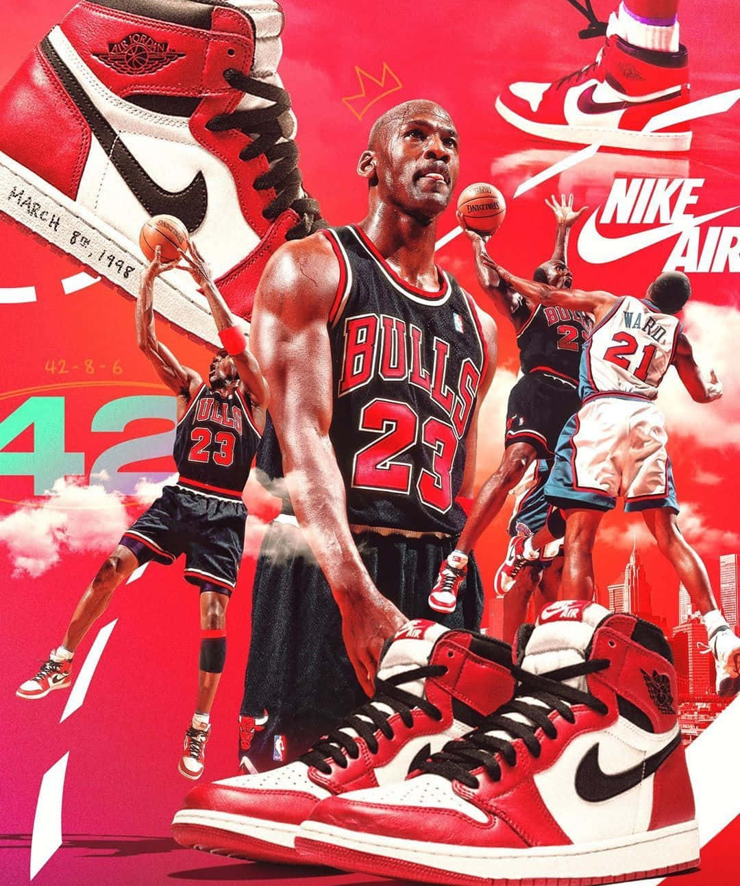 米高佐敦身穿公牛隊球衣，搭配Air Jordan運動鞋和籃球動作場景，背景為紅色。