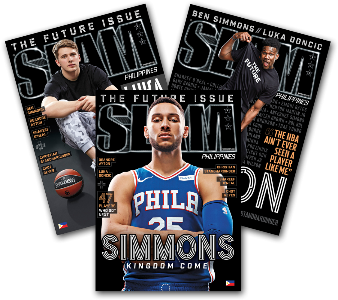 籃球雜誌封面三聯畫 壁紙 — 大膽的雜誌封面， featuring 籃球運動員 Ben Simmons 穿著藍色費城球衣，與其他球員和文字疊加在黑色背景上。