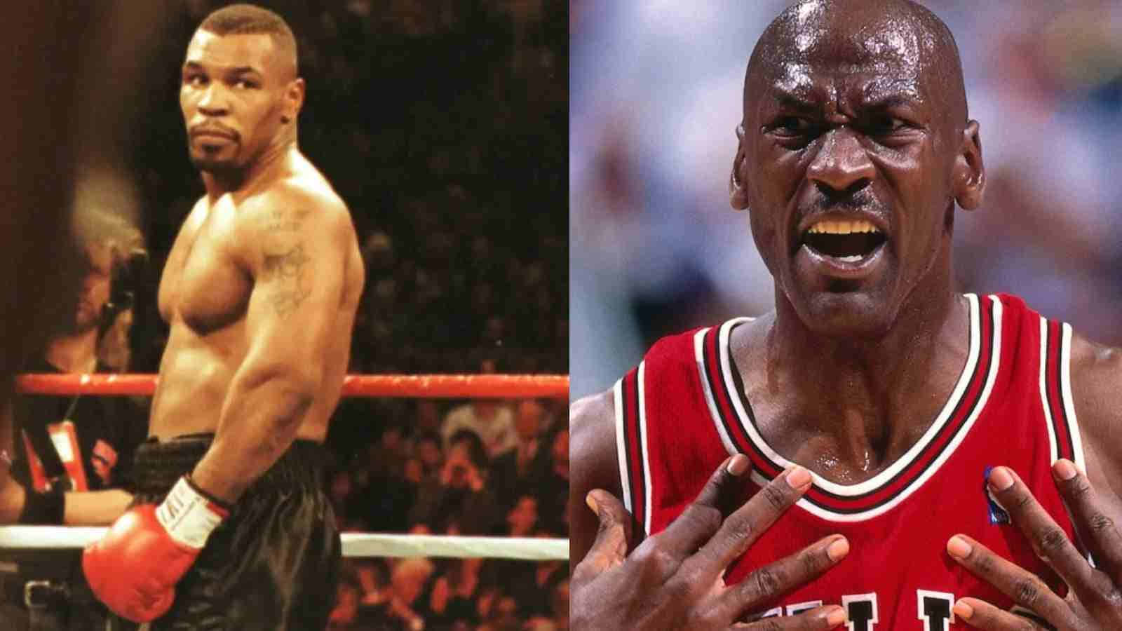 mike tyson 桌布 壁紙 — 米克泰臣在拳擊擂台和米高佐敦在比賽中身穿紅色球衣的分割圖像，兩人都充滿強烈鬥志和汗水。