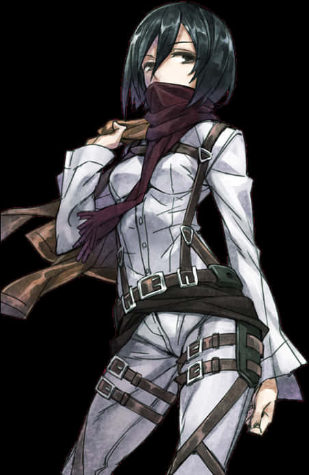 米卡莎·阿克曼 調查兵團制服 壁紙 — 一個堅定的動漫女孩，短黑髮，戴著栗色圍巾，穿著帶有棕色帶子的白色制服，站在黑色背景前。