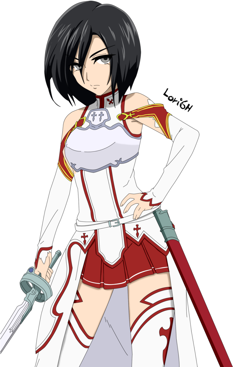 米卡莎·阿克曼同人插畫 壁紙 — 短黑髮動漫女孩，身穿白色和紅色盔甲，在黑色背景前手持劍。