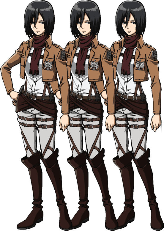 米卡莎·阿克曼調查兵團制服 壁紙 — 三個相同的動漫角色穿著棕色軍服和圍巾，排成一排站在黑色背景前。
