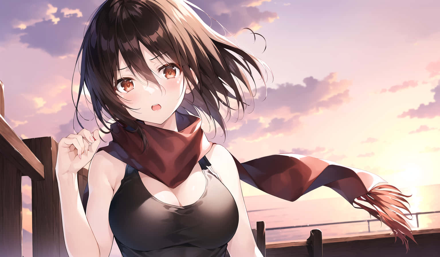 米卡莎曲線頭像 壁紙 — 棕髮圍巾動畫女孩站在夕陽下的欄杆上，背後是柔和的粉橙色天空。