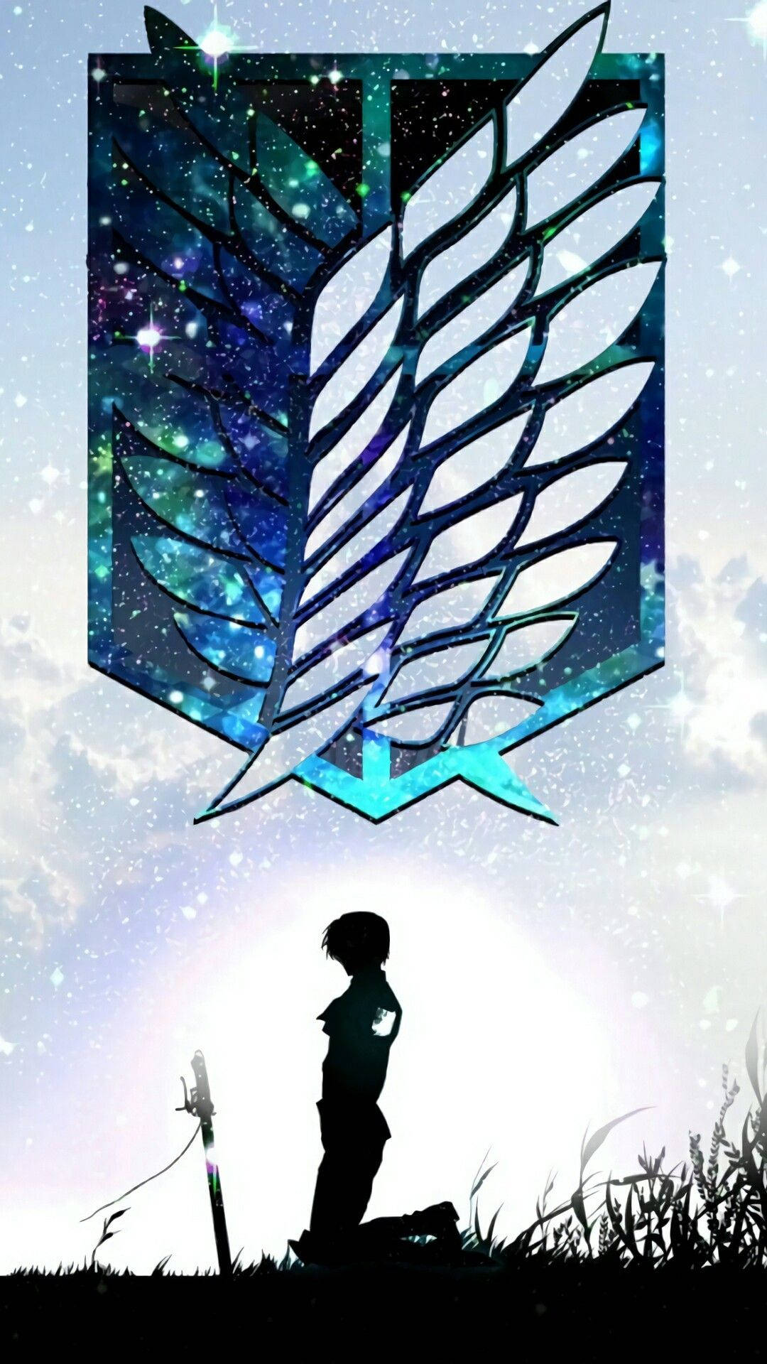 在星空下，一個跪著的戰士手持劍，剪影在發光翼形徽章前。