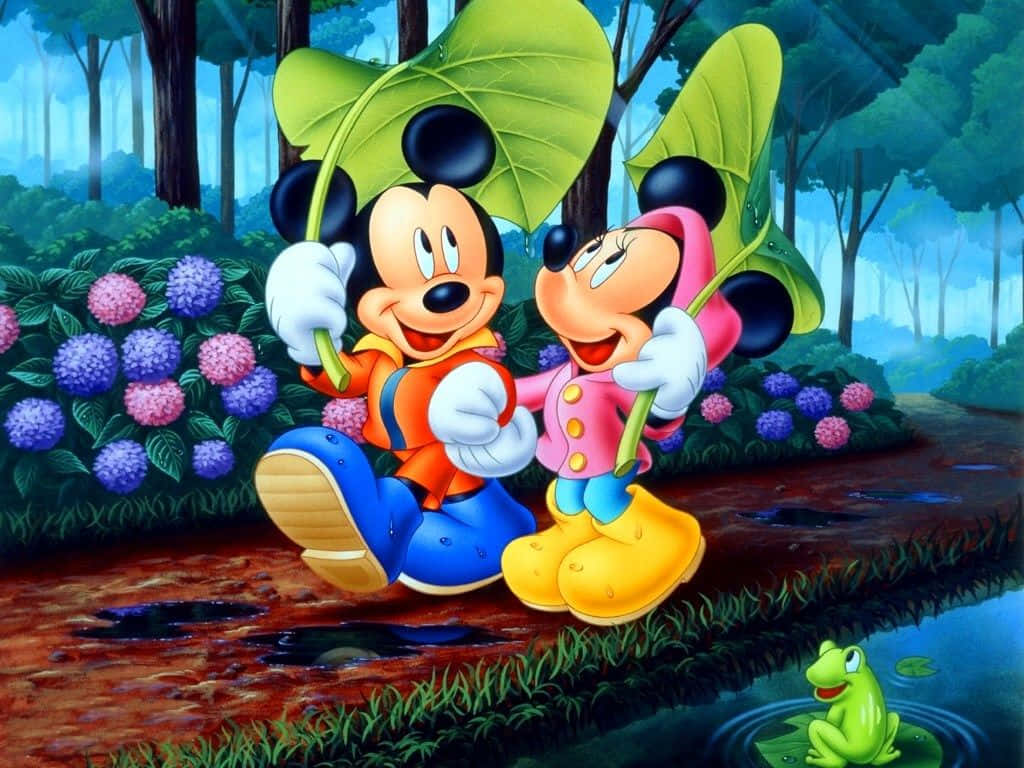 Cute Cartoon Characters 桌布 壁紙 — 米奇和米妮在雨林中的巨大葉子下，旁邊有青蛙的池塘邊開懷大笑。