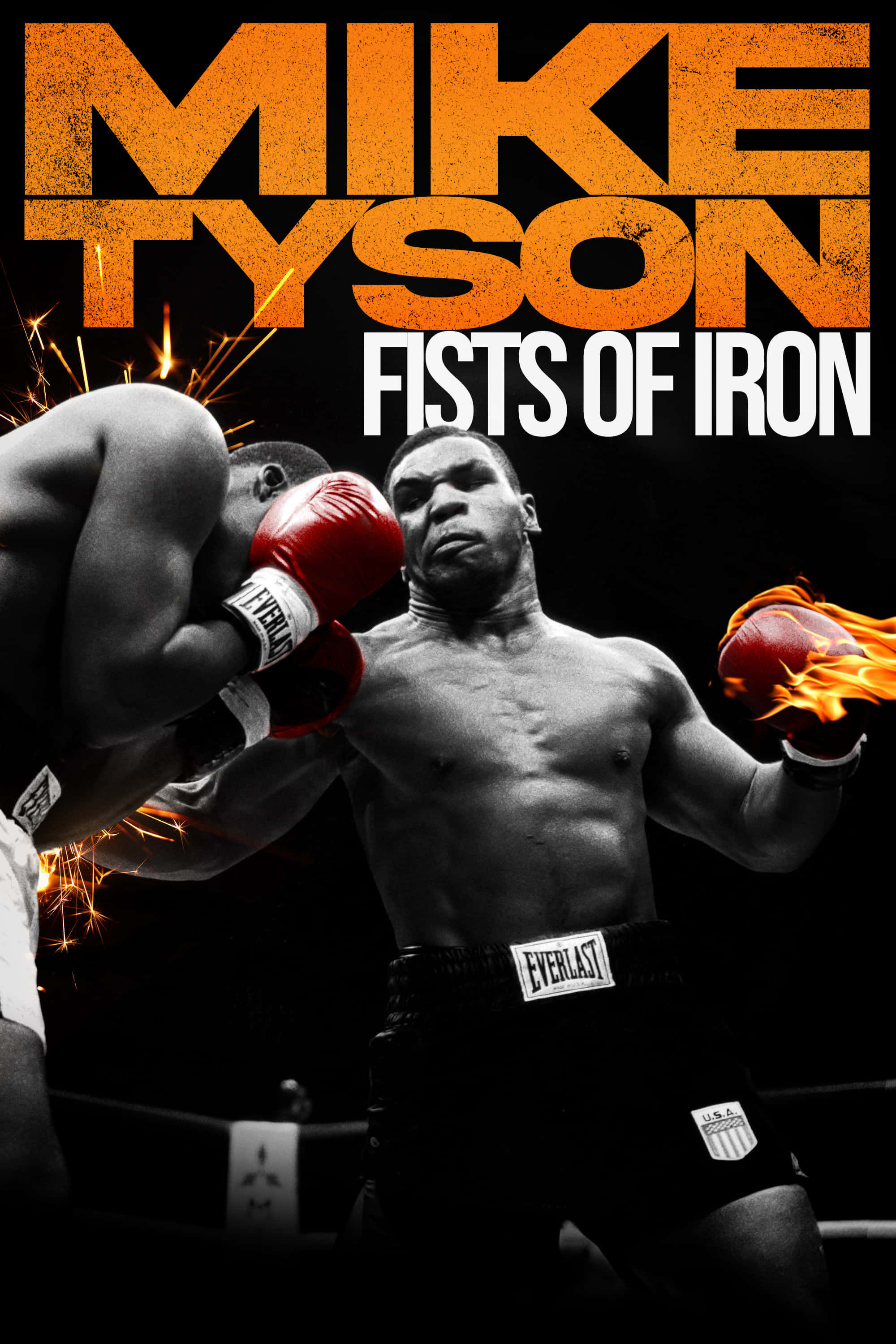 mike tyson 桌布 壁紙 — 米奇泰臣以戲劇性的拳擊姿勢，戴著火焰手套，火花四濺，背景漆黑。