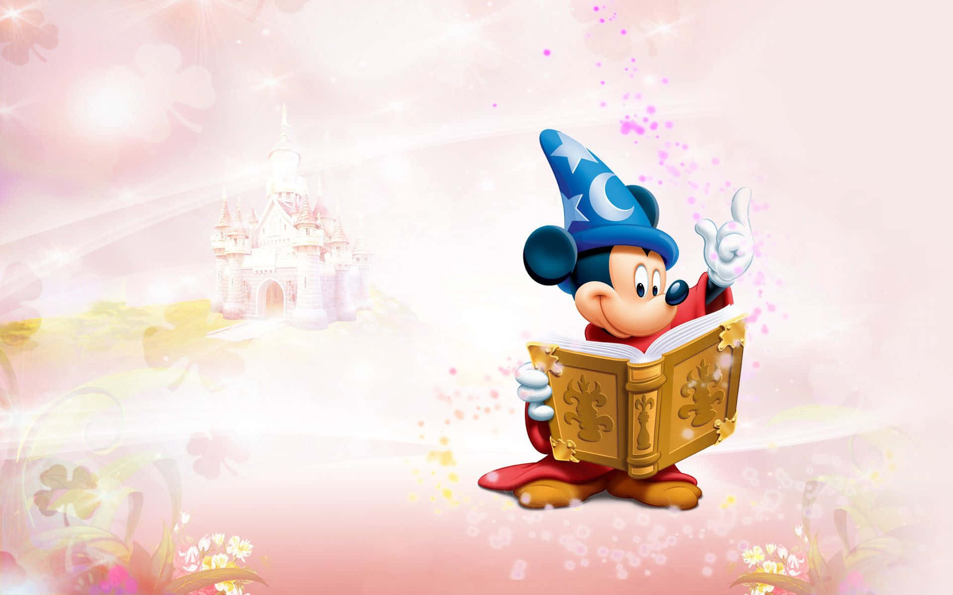 米奇老鼠作為巫師閱讀魔法書，背景有城堡。