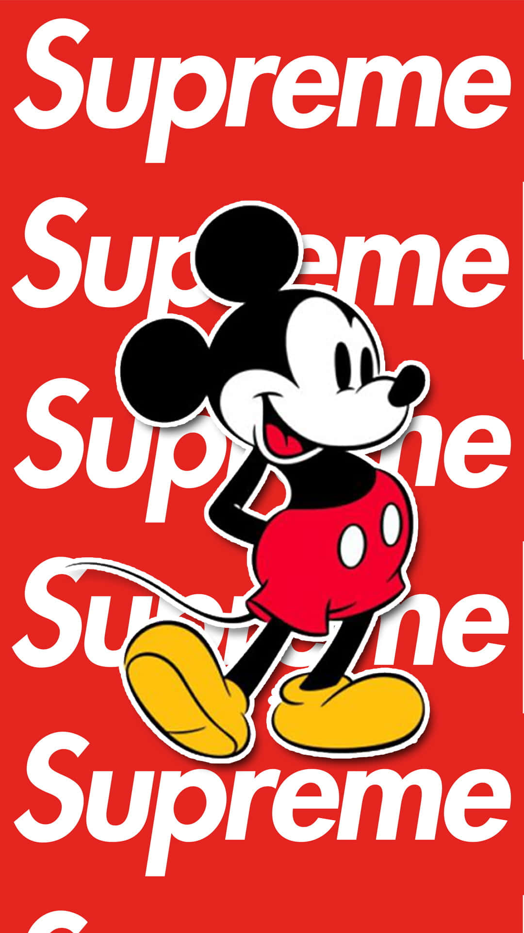 米奇老鼠穿著紅色短褲和黃色鞋子，背景為紅色Supreme標誌。