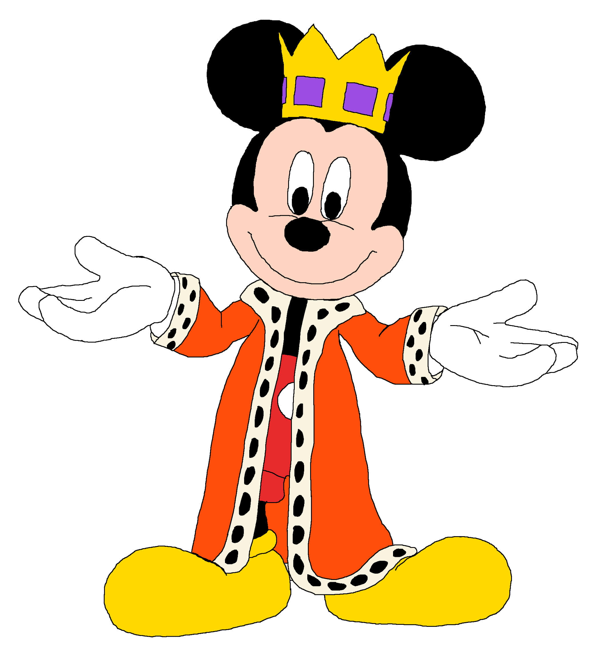 Mickey Mouse Clubhouse 桌布 壁紙 — 米奇老鼠打扮成國王，身穿橙色長袍，頭戴鑲有紫色寶石的黃色王冠，微笑並張開雙手做手勢。